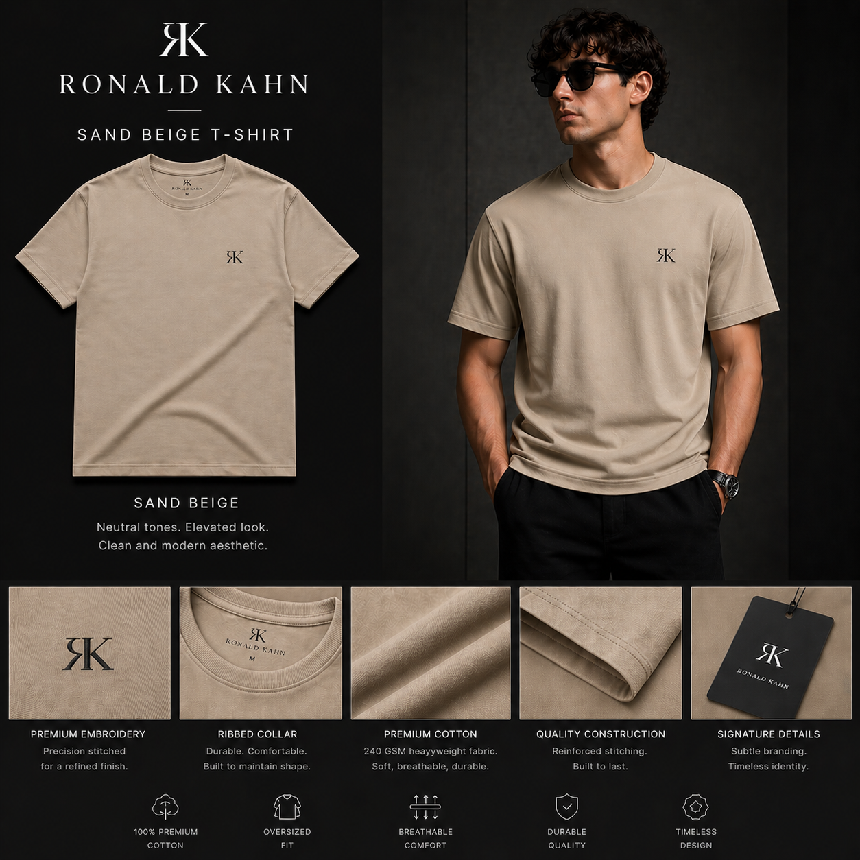 Ronald Kahn sand beige t-shirt with model wearing it and product details.