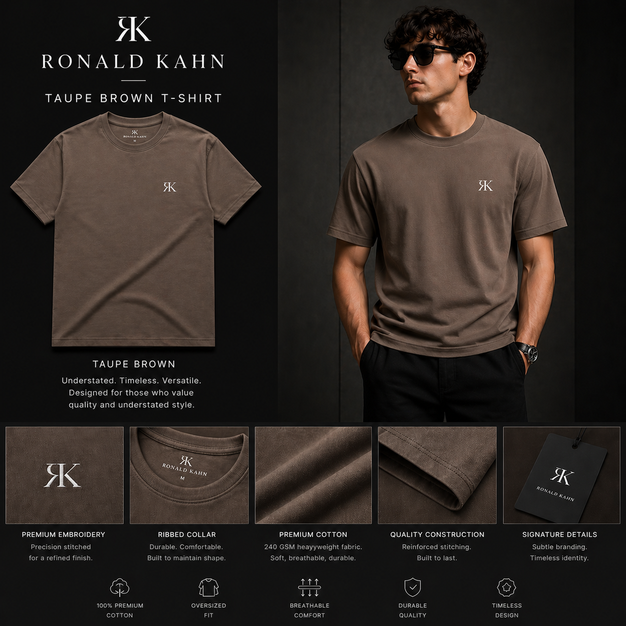 Brown t-shirt with brand logo, man wearing t-shirt, and product details on a dark background
